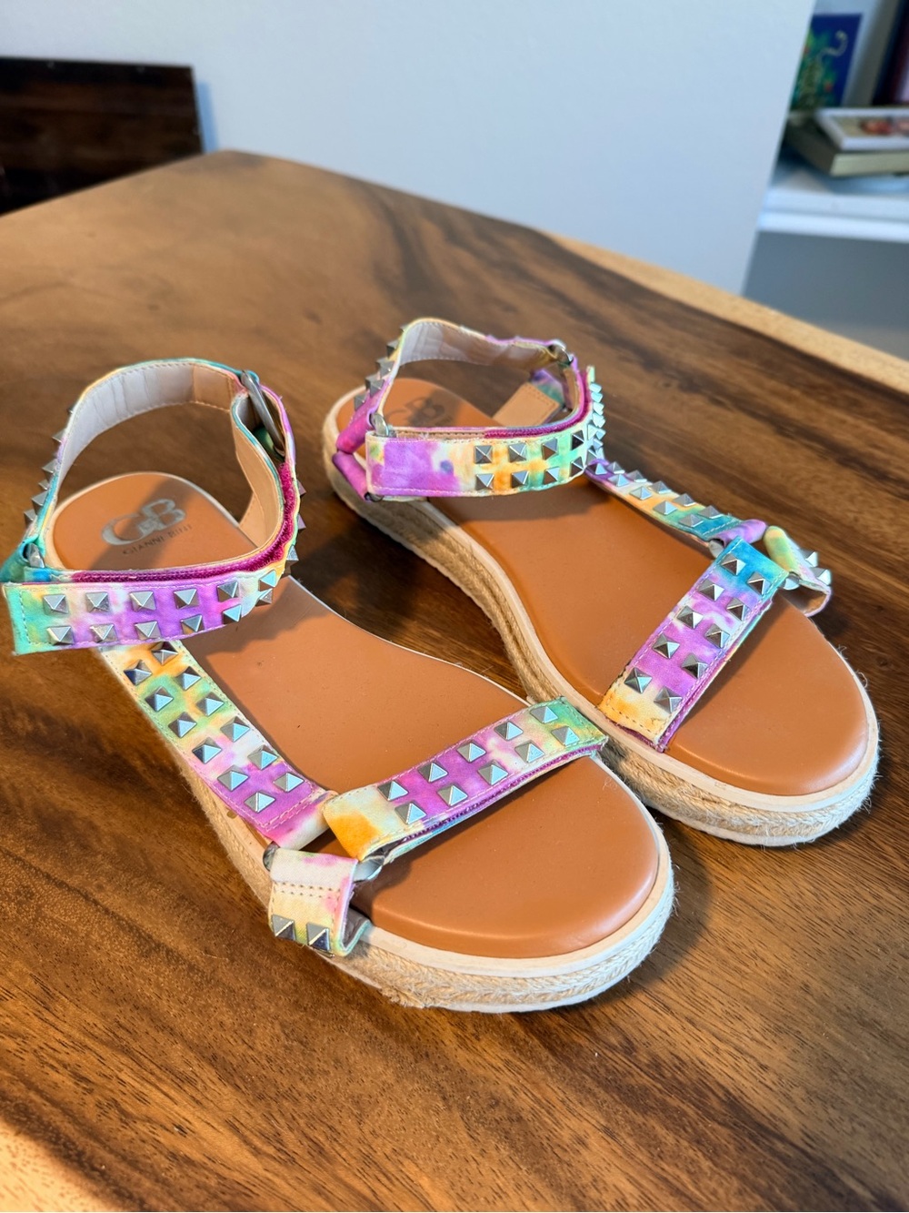 Gianni Bini Multicolor Tie-Dye Studded T-Strap Sandals